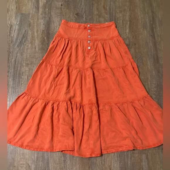 Free People Dreamweaver Denim Maxi Skirt In Firecracker Orange | We The Free - Picture 6 of 14